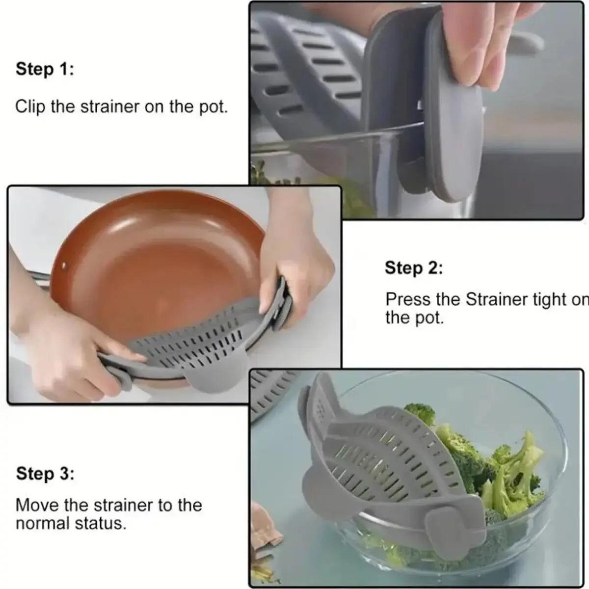 1pc Adjustable Silicone Clip-On Strainer for Pots, Pans, and Bowls