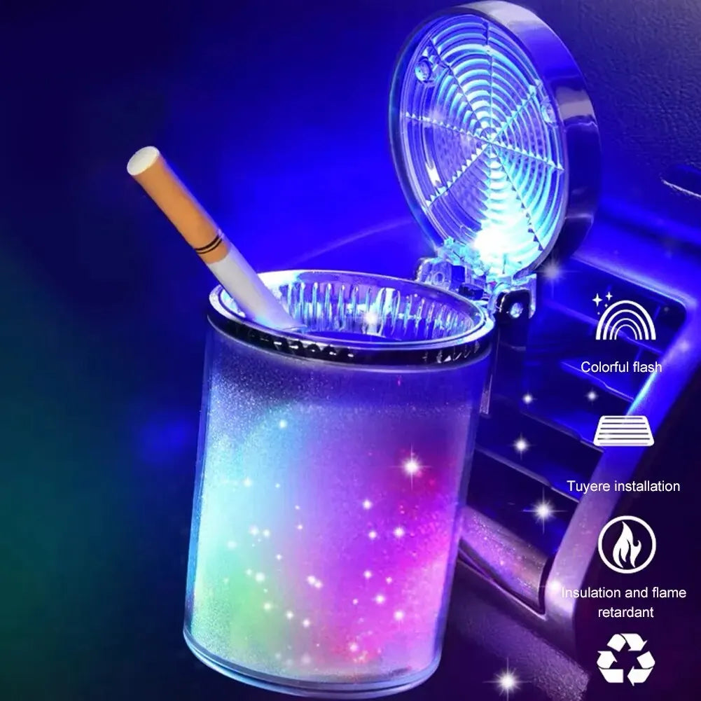 Car Ashtray With LED Light Airtight Lid Multifunctional Vehicle Cup Holder